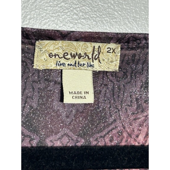 One World 2X Top Velvet Burnout Purple Pink Boho Embellished V-Neck 3/4 Sleeve - Picture 4 of 11